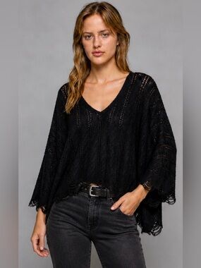 POL Black Open Knit Distressed V-Neck Boho Sweater Poncho Top Small